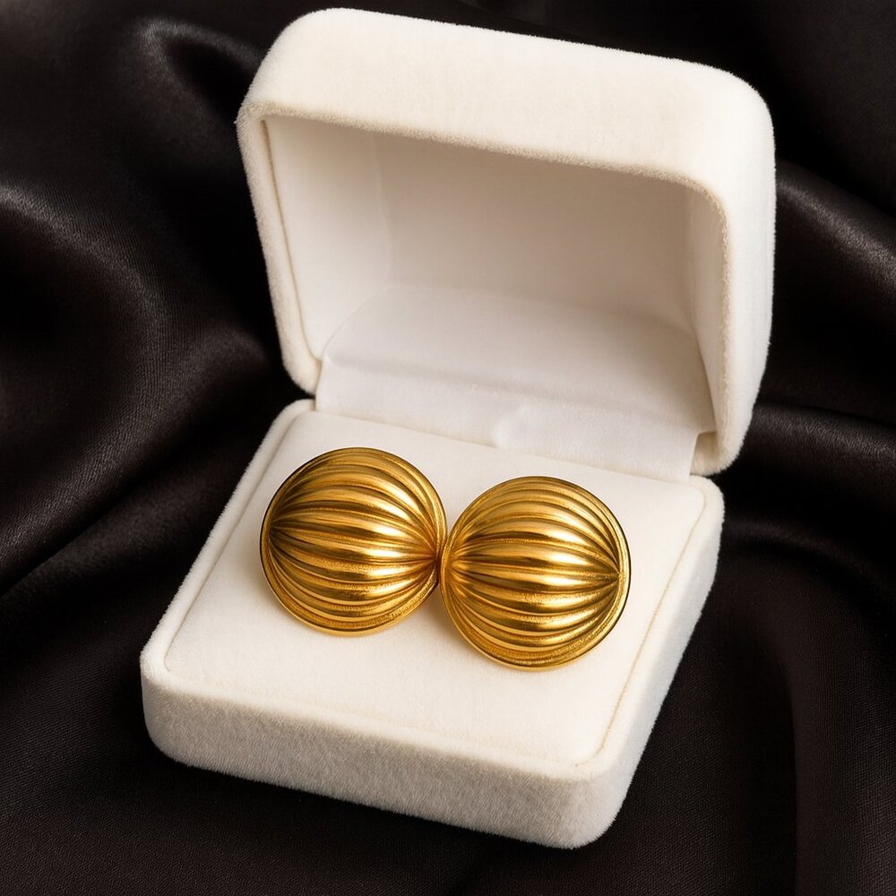 Vintage Gold-tone Ribbed Domed Clip-on Earrings